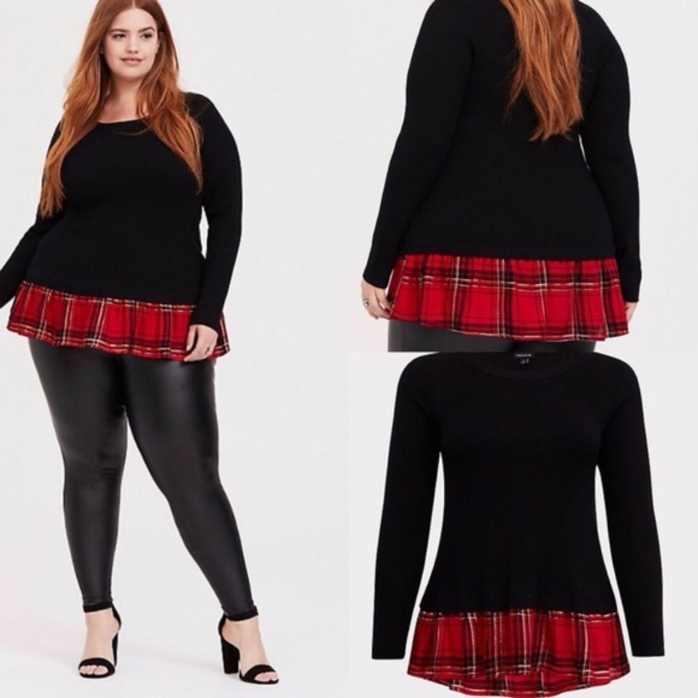 🔥3 for $15🔥Torrid Black Tunic Ribbed Sweater Red Plaid Hem XL